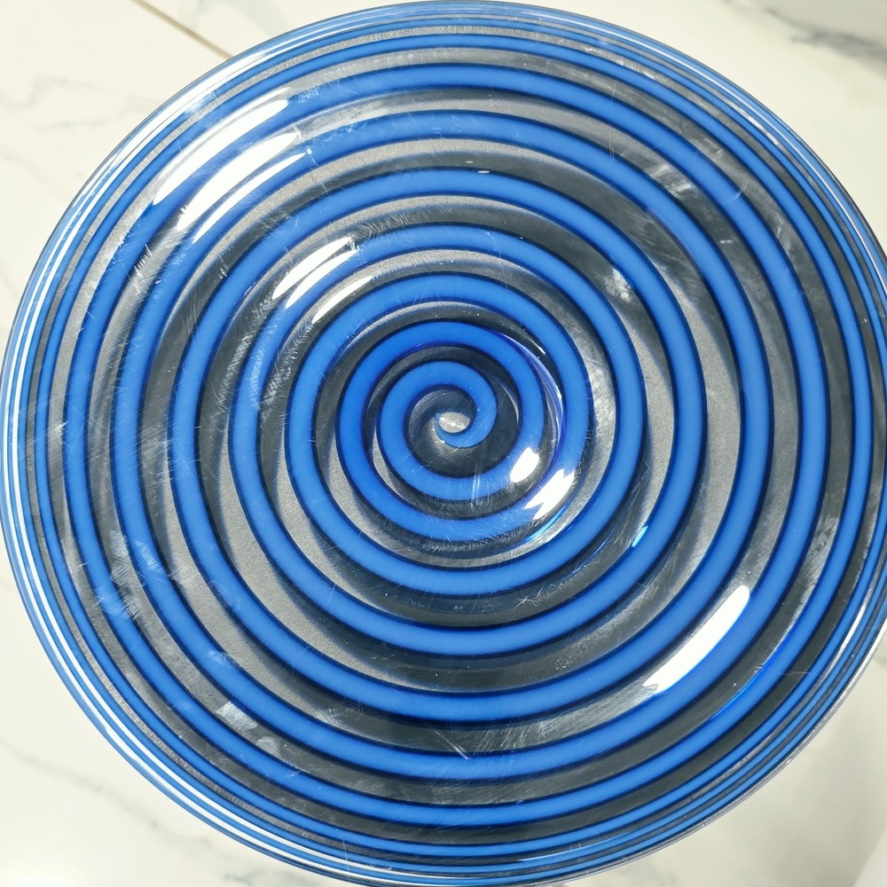Large Art Glass Spiral Cobalt Blue And Clear Glass Centerpiece Platter 14"